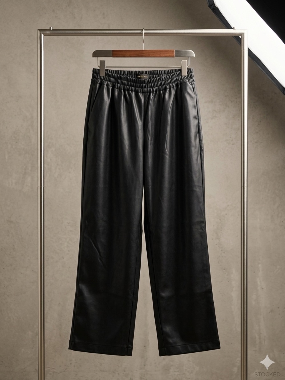 Shinestar Black Faux Leather High-Waist Straight-Leg Pants